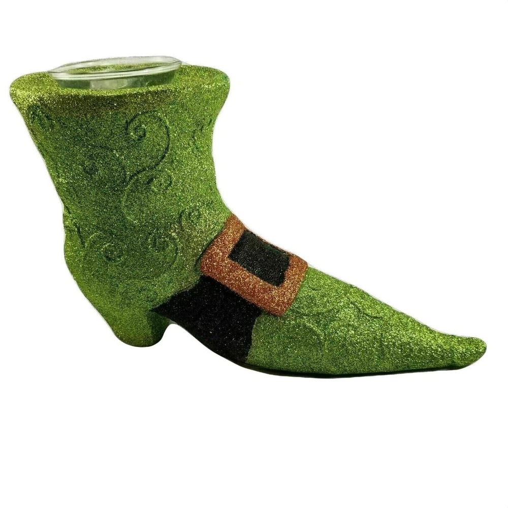 Halloween Witch Boot Tealight Holder Green Black Orange Glitter Ceramic New